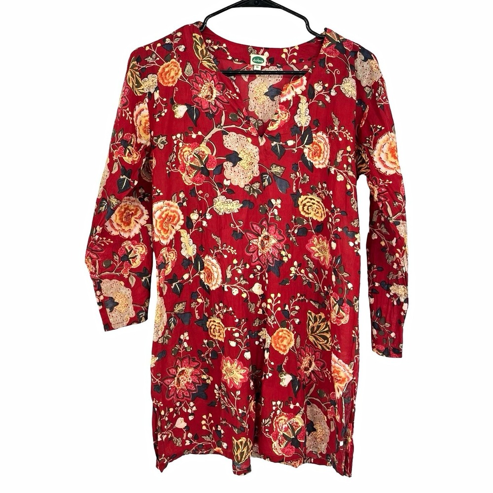Dolma Women's Small Red Floral Tunic Top 100% Cotton Boho Long Sleeve India